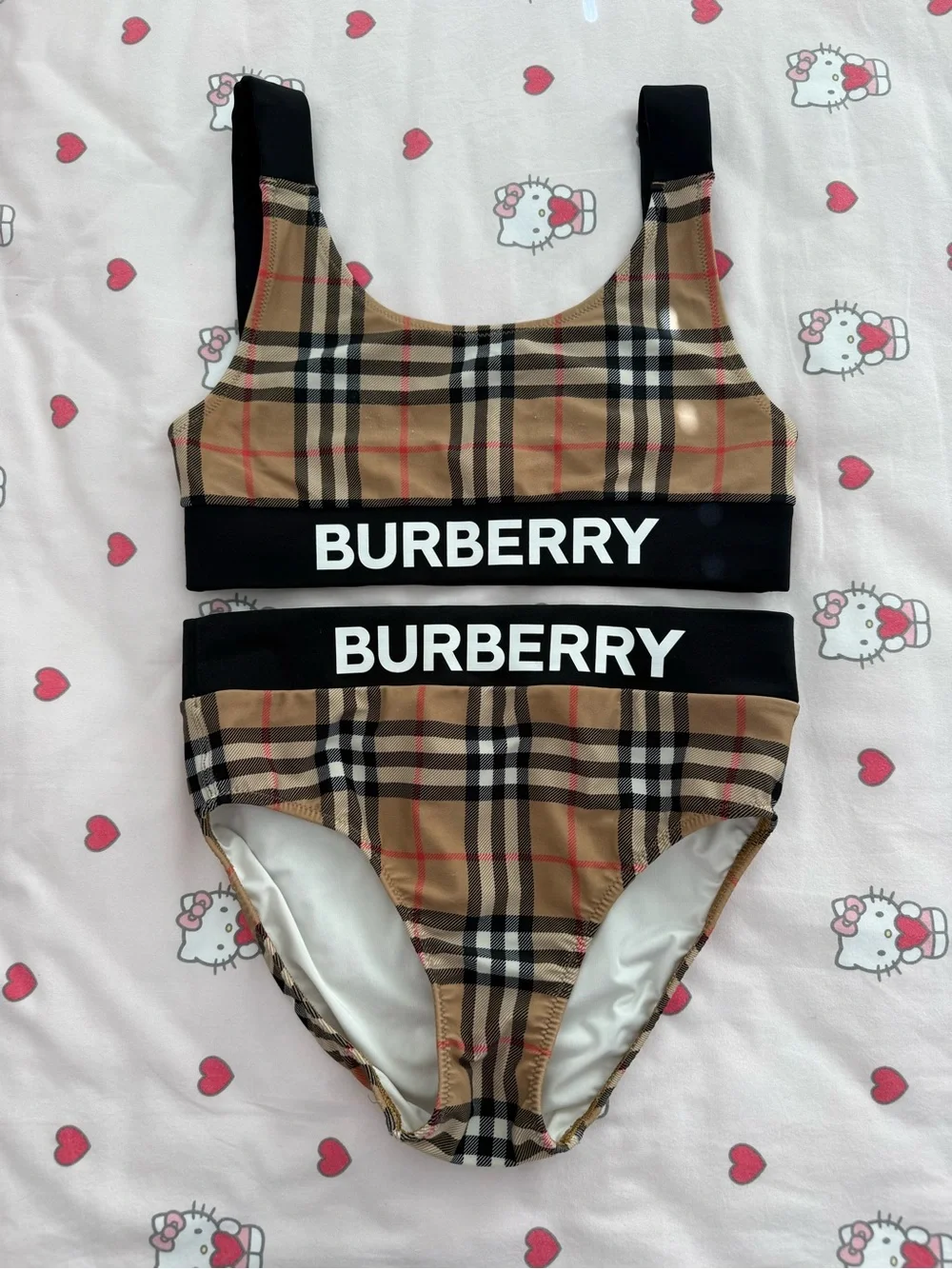 Burberry Beige Plaid Kids Two-Piece Bikini with Black Logo Bands